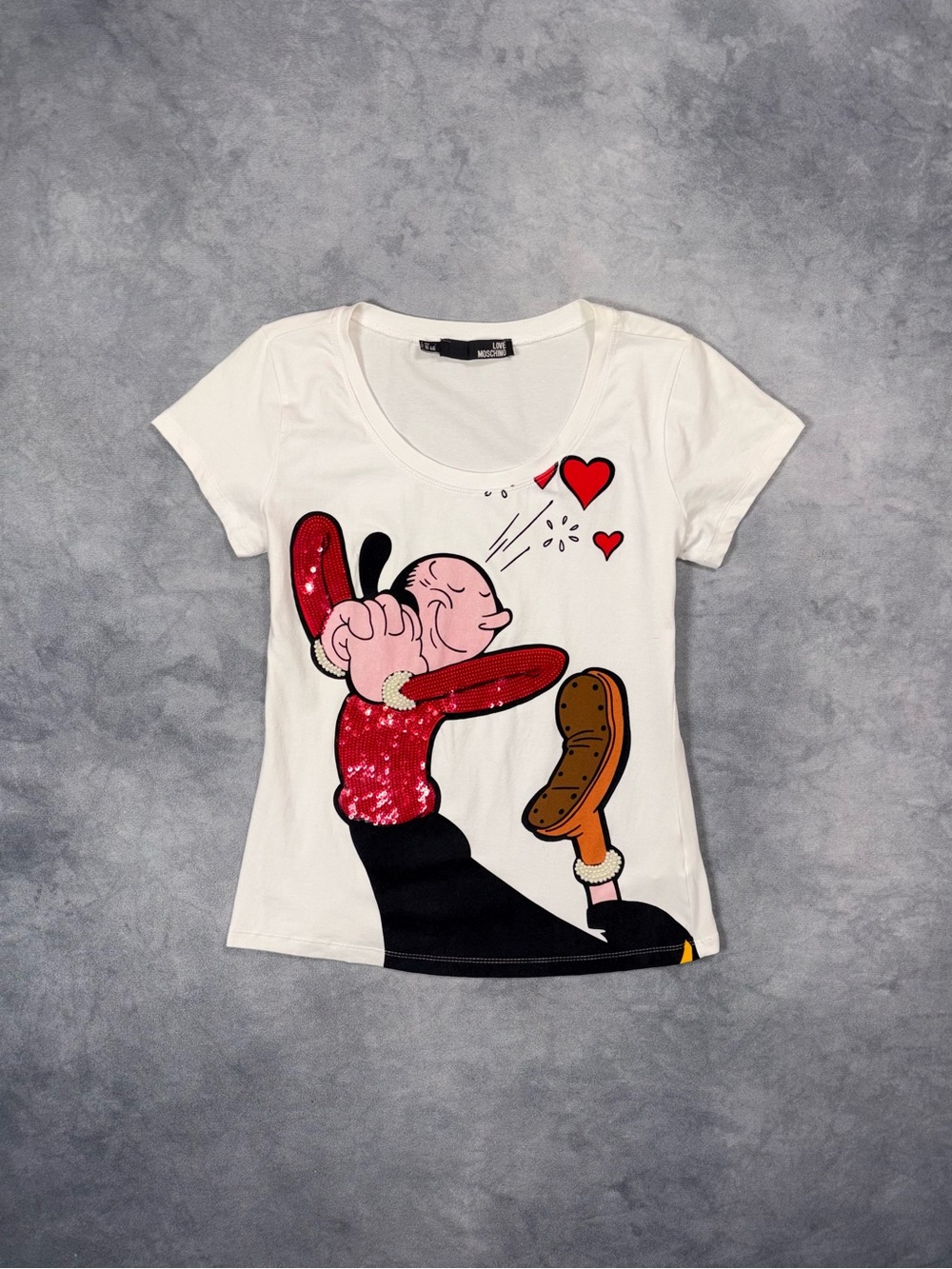 Love Moschino Popeye Olive Oyl Y2K Sequin Hear Cartoon Graphic White T Shirt